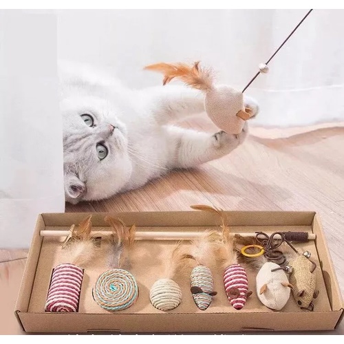 7Pcs Cat Toys Gift Box Set Ball Pet Interactive Feather Teaser Mouse Wand