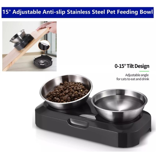 Stainless Steel Pet Cat Dog Kitten Puppy 15° Adjustable Feeding Bowl Double